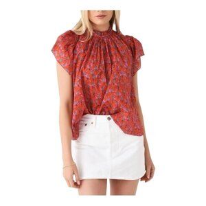 Trovata Carla Floral Blouse Large High Neck Red Pink Fan Flower NWT Cotton